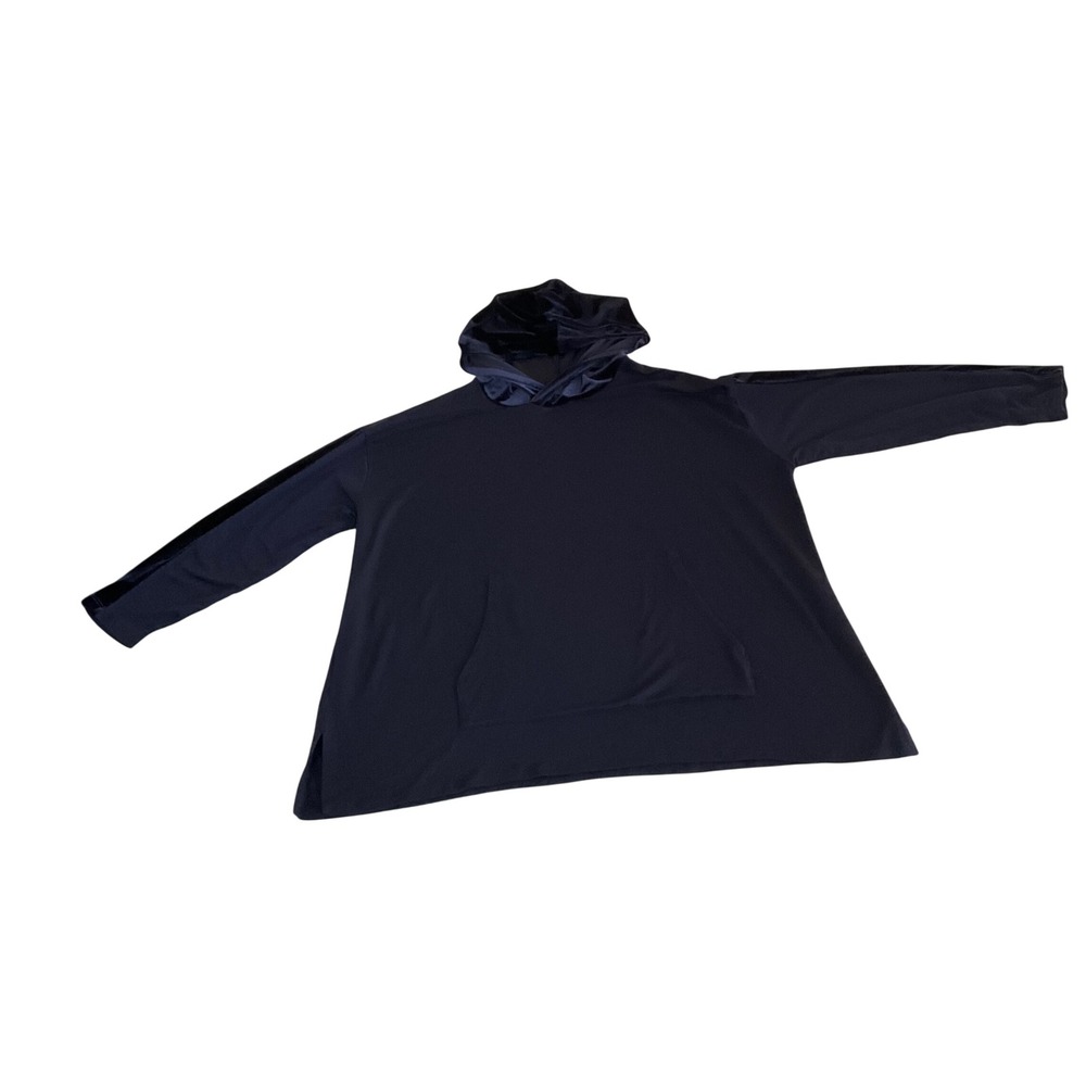 Eileen Fisher Hoodie Woman 3X Navy Blue Velvet Trim Tencel Lyocell Pullover